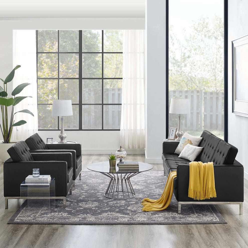 Tufted Armchair and Sofa Set, Faux Leather, Silver Black, Modern, Lounge