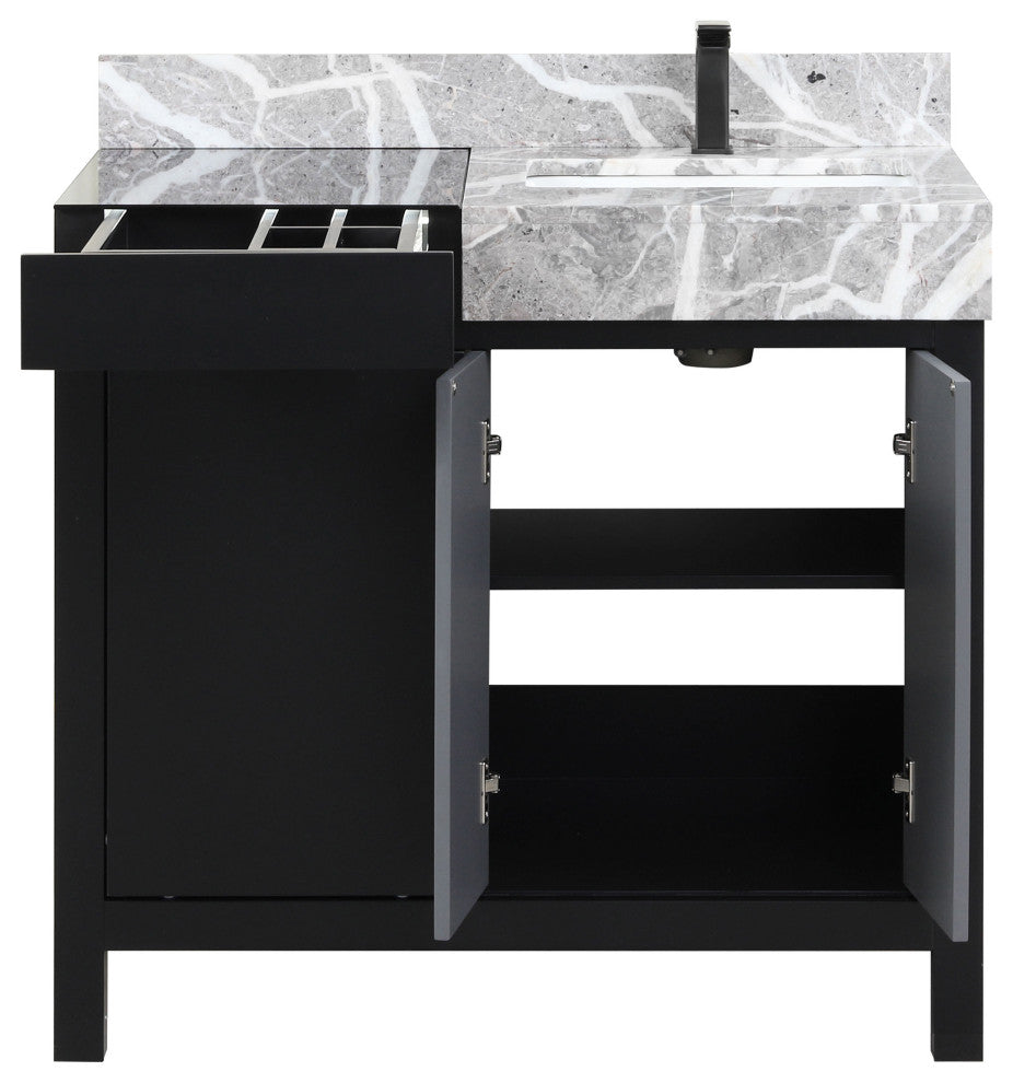 Zilara 36 Black, Grey Vanity, Grey Marble Top, Square Sink, Gun Metal Faucet Set