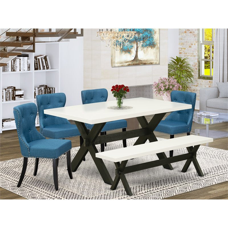 6-Piece Set, 4 Chairs, Wooden Cross Legs Table and Dining Bench