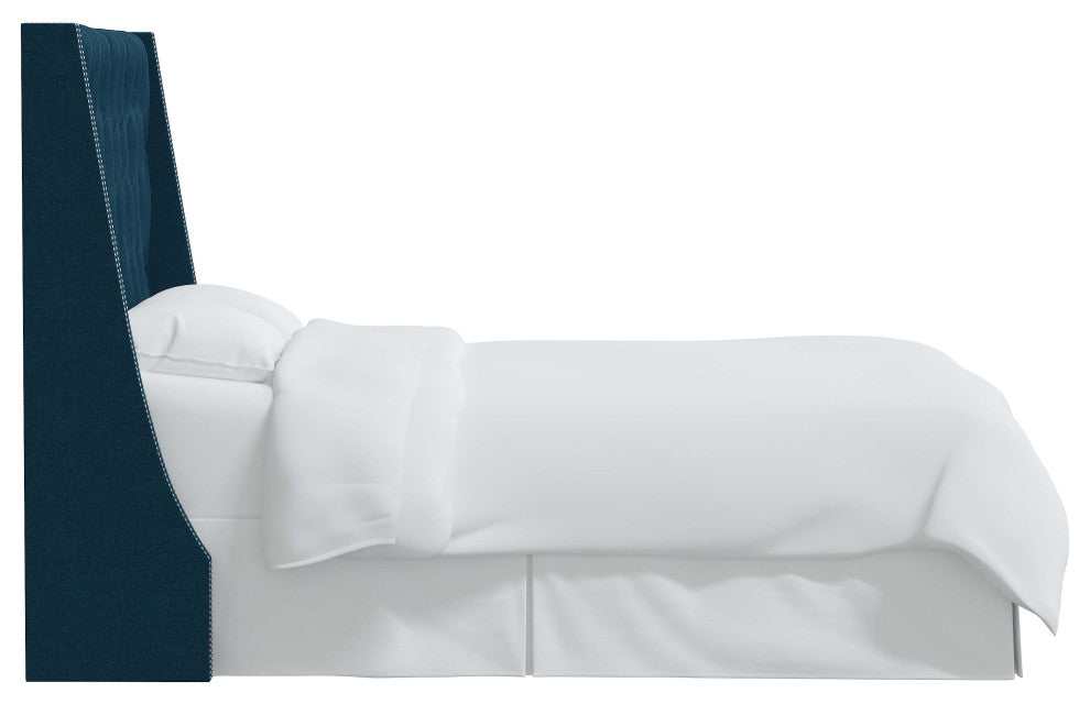 Tufted Sloped Wingback Headboard, Nail Trim, Zuma Navy, King