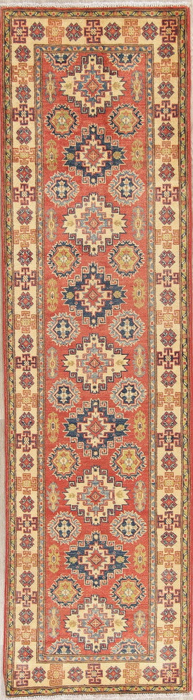 Traditional Kazak Oriental Hand Made Pakistani Wool Runner Rug, Red, 9'10"X2'8"