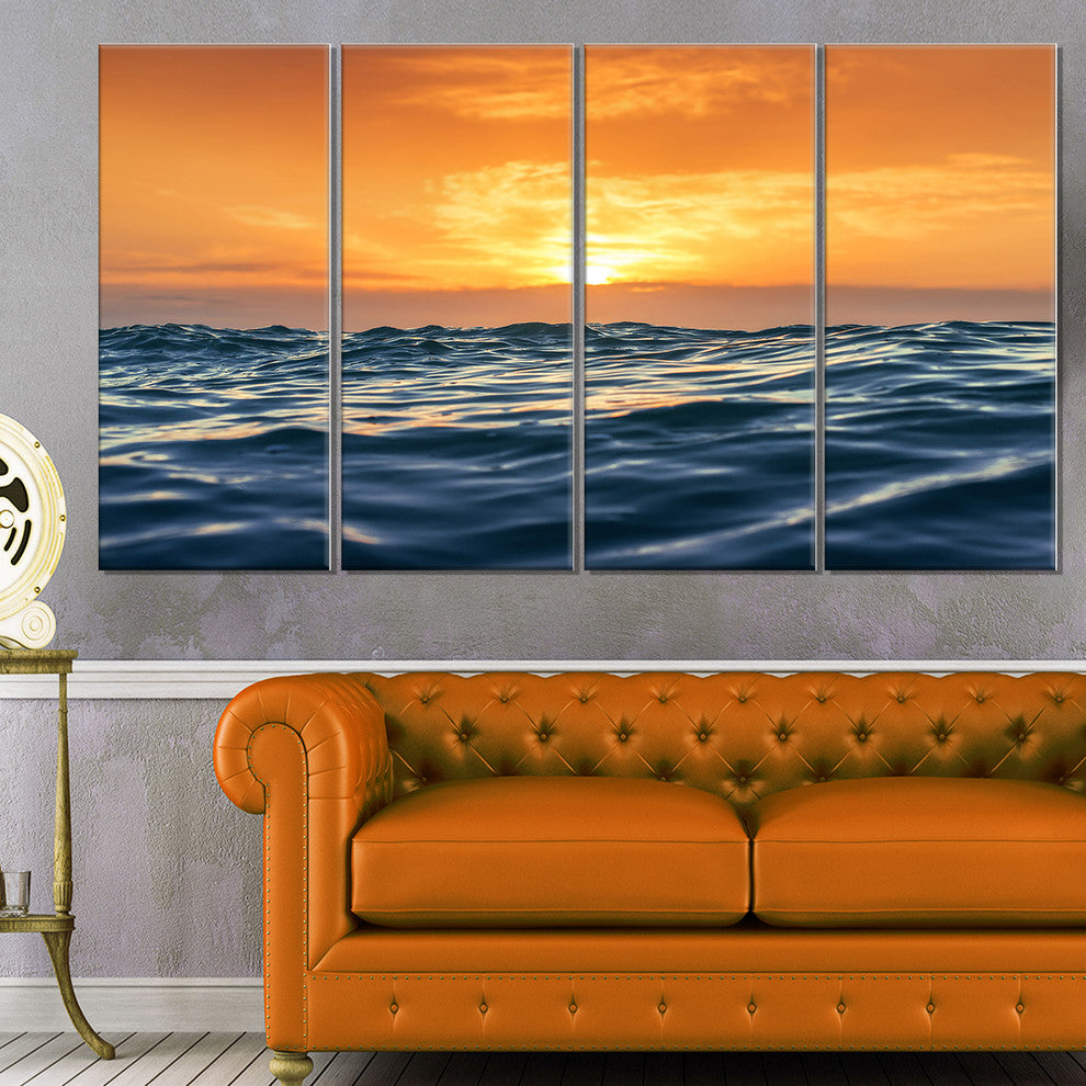 "Blue Waves Dancing At Yellow Sunset" Beach Canvas Wall Art, 4 Panels, 48"x28"