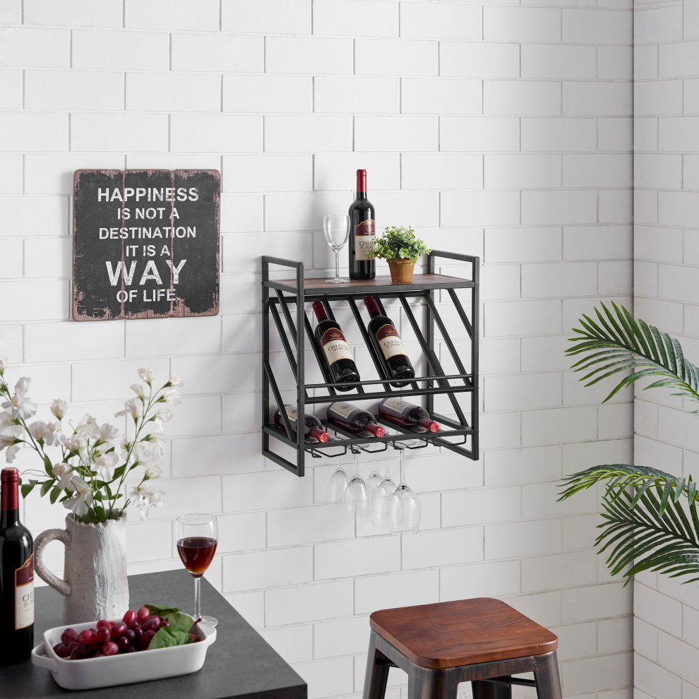 Industrial Wall Mount Metal Wine Rack With Shelf and Stemware Rack