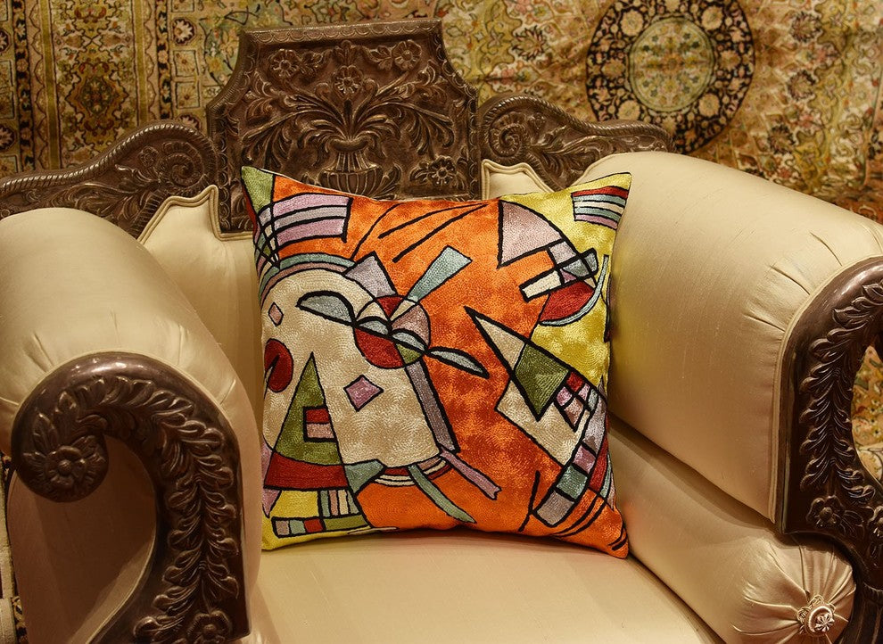 Kandinsky Orange Abstract Throw Pillow Cover Handembroidered Art Silk 18x18"