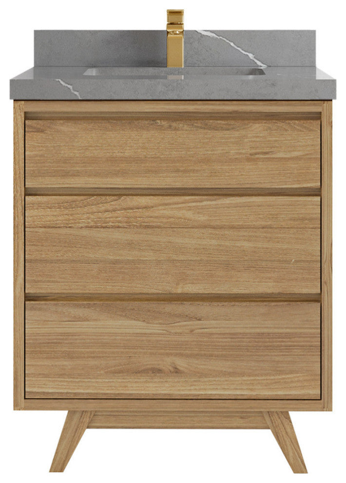 Madison  Teak 30 Single Sink Bath Vanity Golden Teak 2" Piatra Gray Quartz