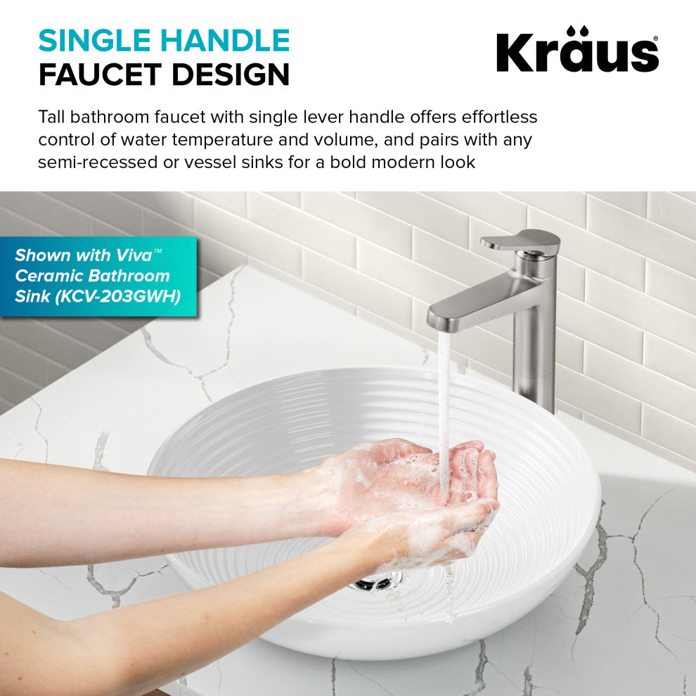 KRAUS Indy Single Handle Vessel Bathroom Faucet Spot Free BN, Pop Up Drain