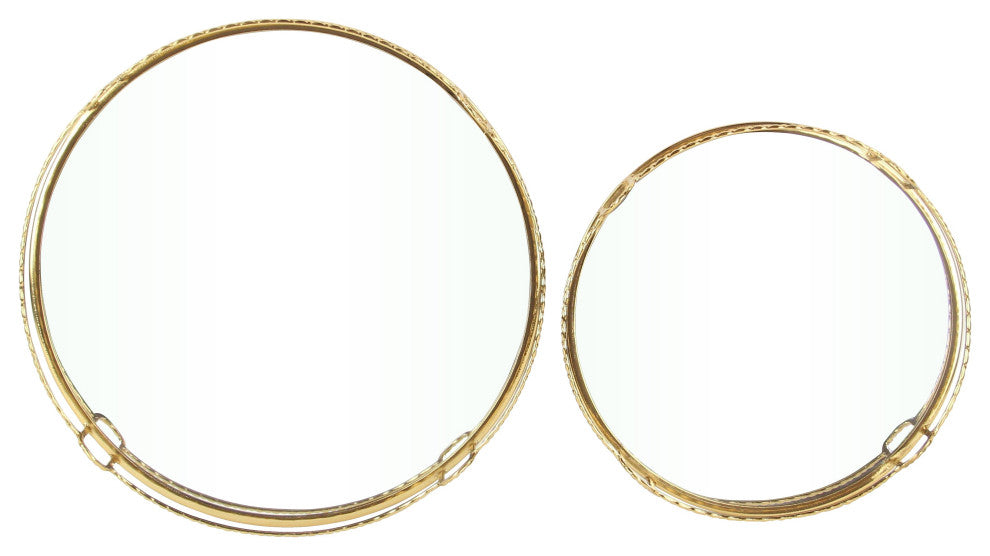 Mianzi Round Quilted Rim Gold Metal Trays (Set of 2)
