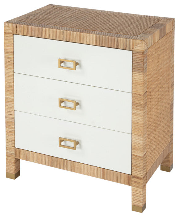 Primary product: full front-facing view on white background showing the three-drawer raffia chest.