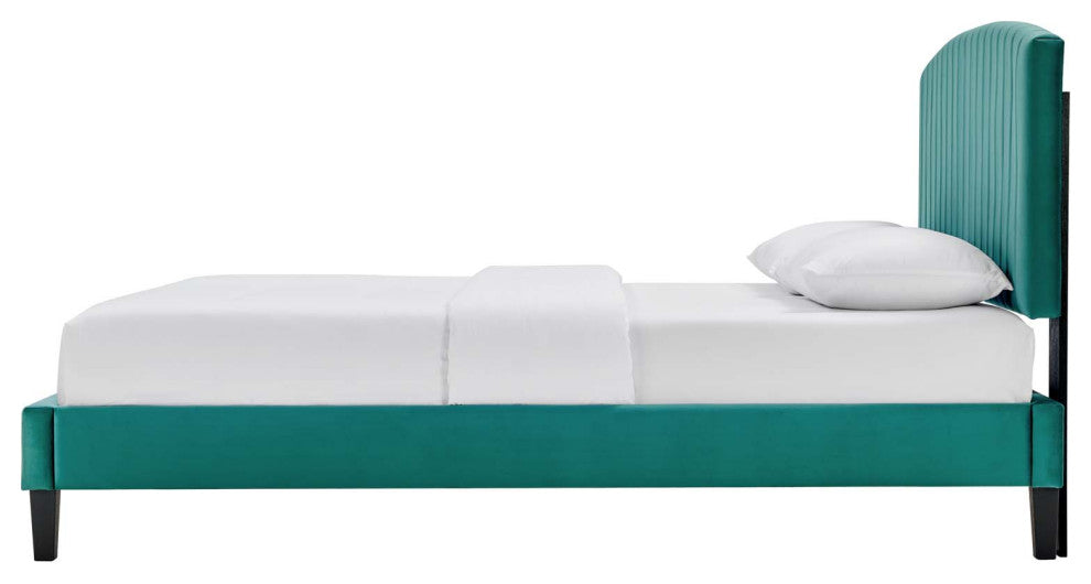 Platform Bed Frame, King Size, Teal Blue, Velvet, Modern, Bedroom Guest Suite