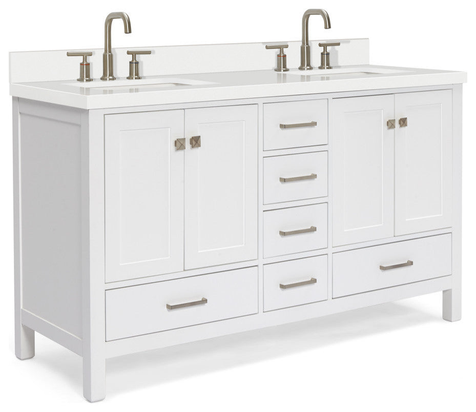 ARIEL Cambridge 61" Double Rectangle Sink Bathroom Vanity White With Quartz Top