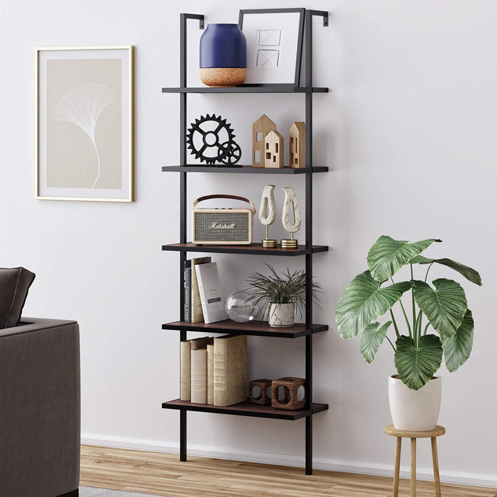 Modern 5-Shelf Wood Open Wall Mount Ladder Bookshelf with Industrial Metal Frame