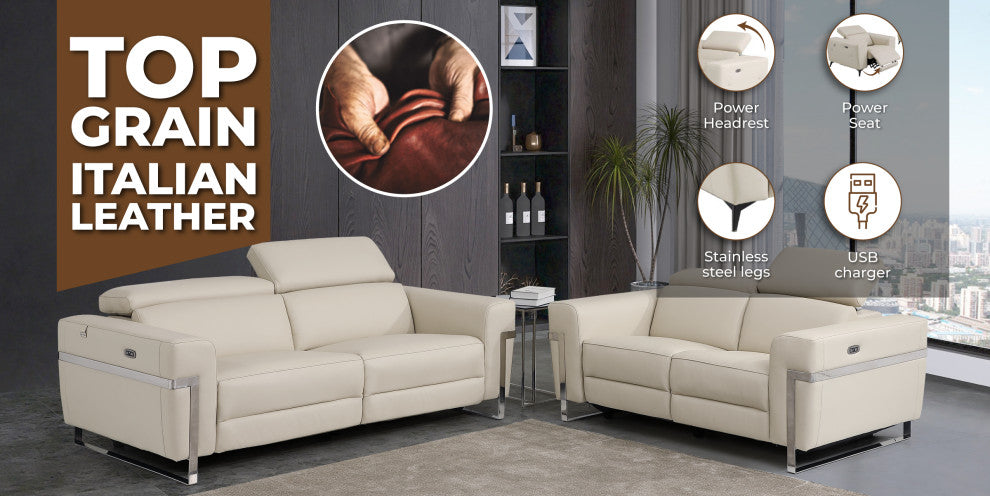 Prato Genuine Italian Leather Modern Sofa and Loveseat, Beige