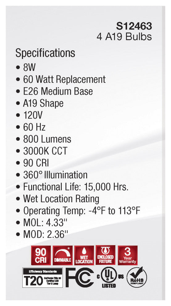 8W A19 LED, Clear, 3000K, Medium Base, 120V, 4-Pack