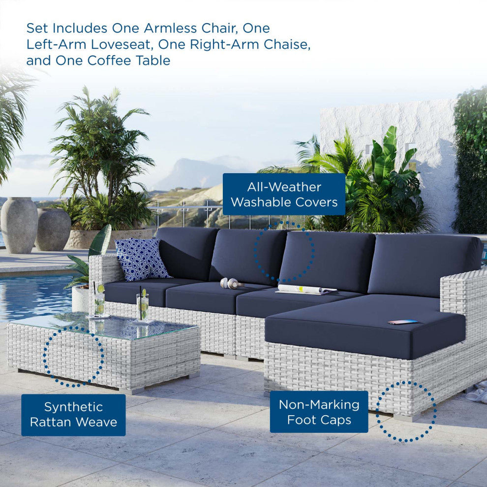 Lounge Sectional Sofa Chair Set, Rattan, Wicker, Gray Blue Navy, Outdoor