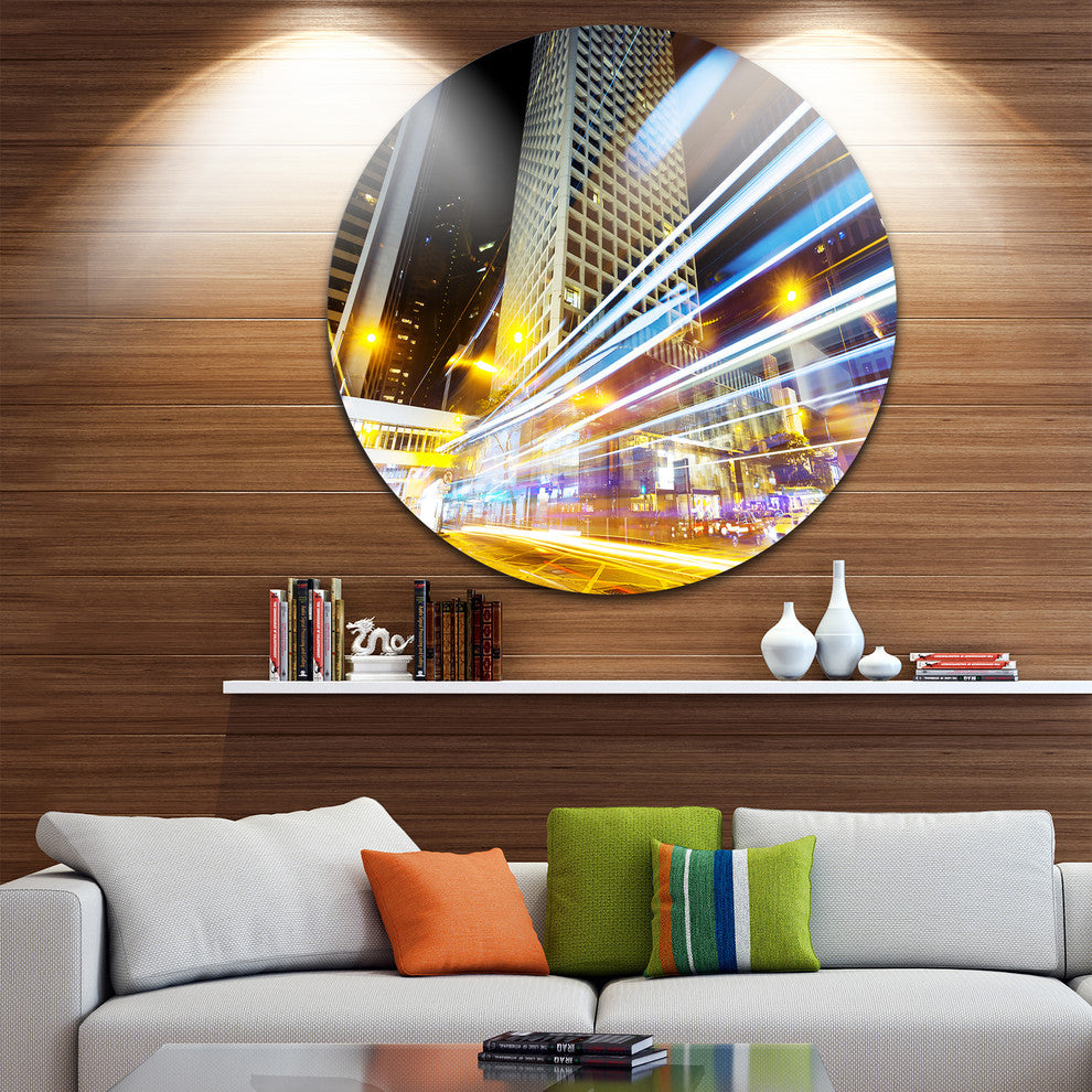 Urban City Traffic Trails, Cityscape Large Disc Metal Wall Art, 23"