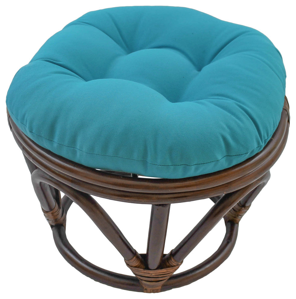 18" Round Solid Twill Tufted Footstool Cushion, Aqua Blue