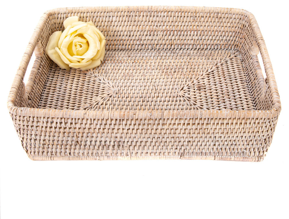 Artifacts Rattan Rectangular Storage Basket With Rounded Corners, White Wash