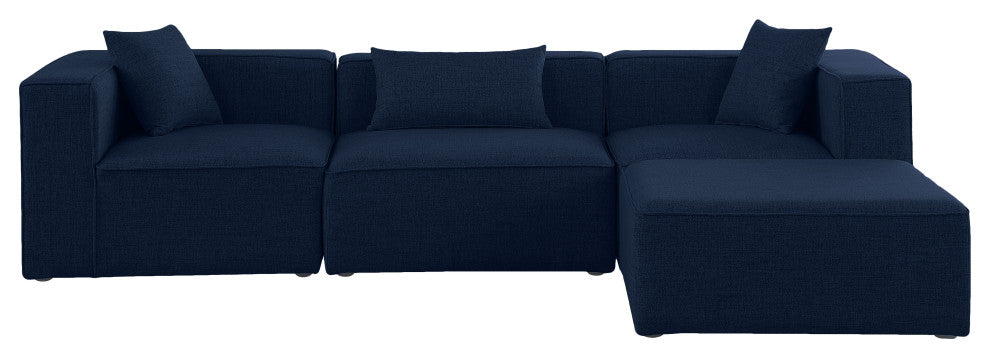 Cube Upholstered Modular Sectional, Navy, 4-Piece: 1 Armless Chair, 2 Corner Chair, 1 Ottoman, Linen Texured Fabric