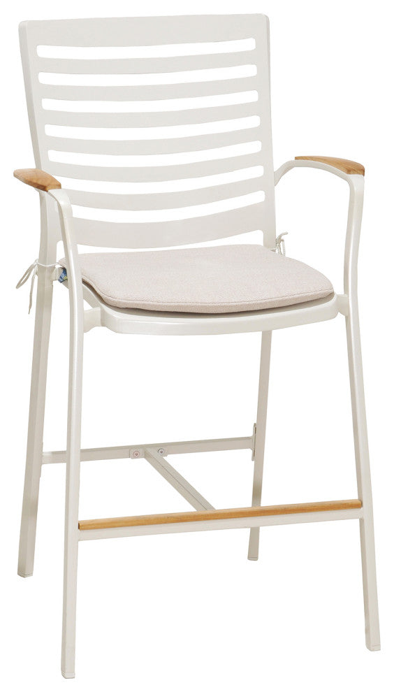 Patio Aluminum Bar Set With Natural Teak wood Accent Top, Light Matte