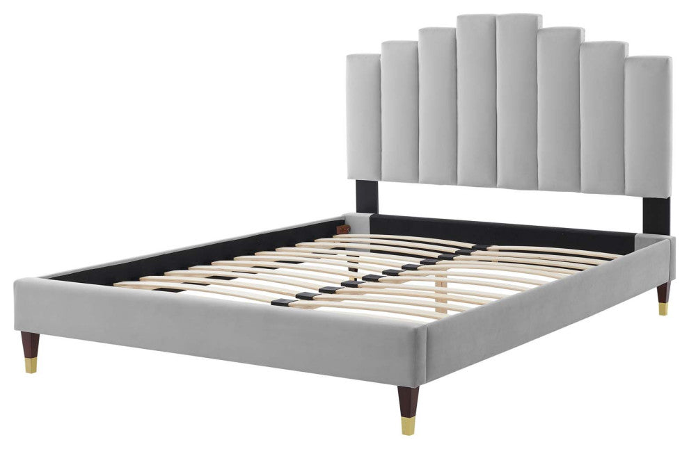 Platform Bed Frame, Full Size, Velvet, Light Gray, Modern Contemporary