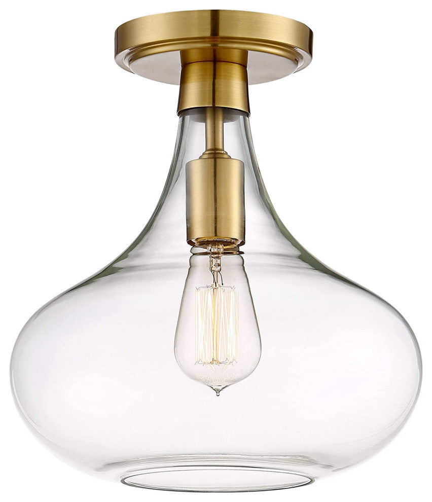 Mid Century Close to Ceiling Light Industrial Gold, Glass, Semi Flush Mount
