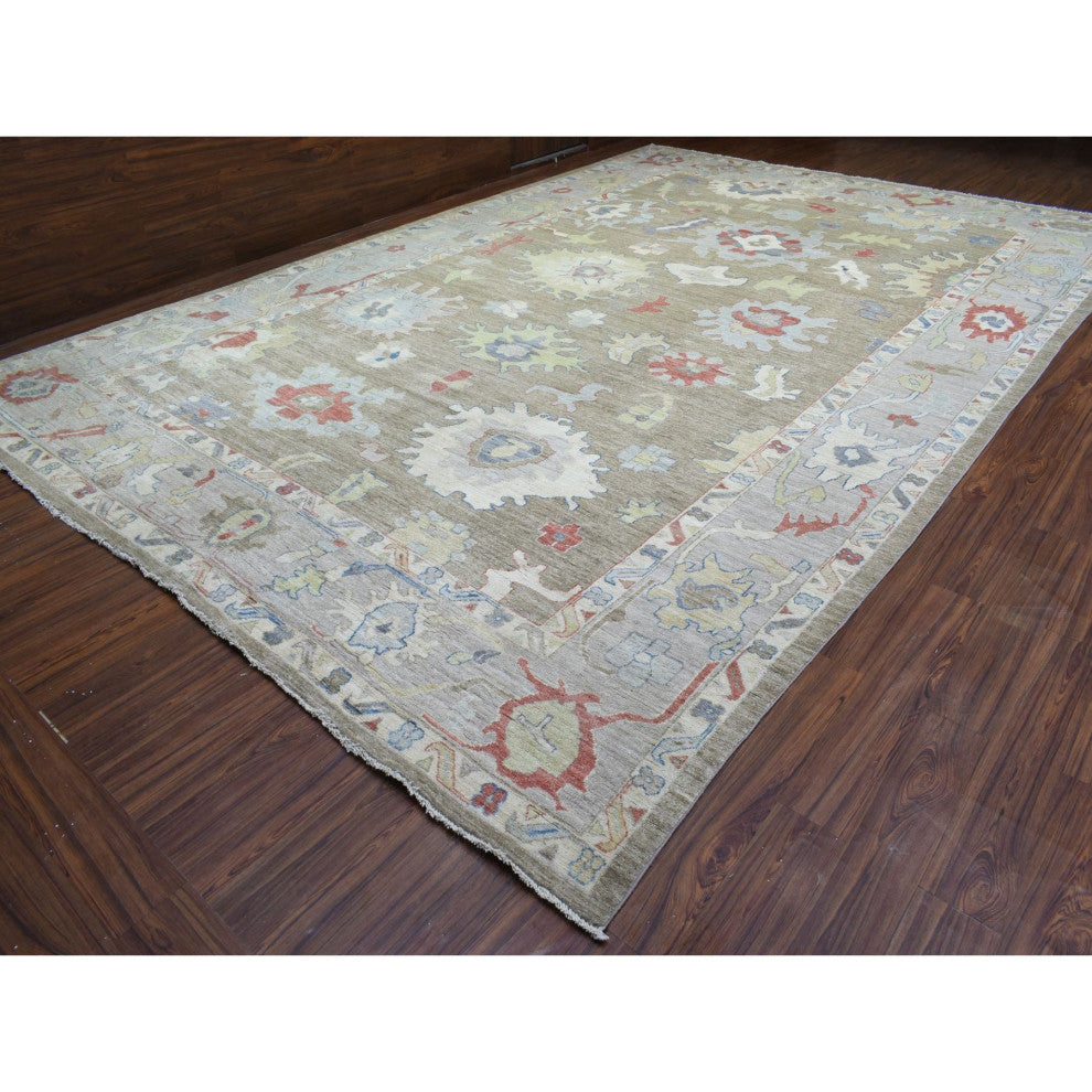 Taupe Hand Knotted Wool Afghan Angora Oushak Oversized Oriental Rug, 12'x17'6"