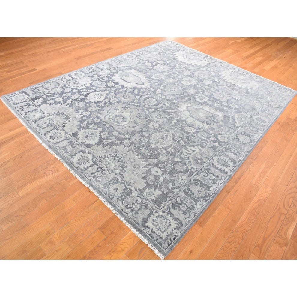 Charcoal Gray Silk/Textured Wool Hand Knotted Oushak Influence Rug, 7'10"x10'2"
