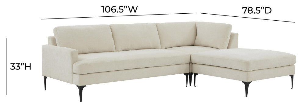 Serena Cream Velvet Right Arm Facing Chaise Sectional With Black Legs