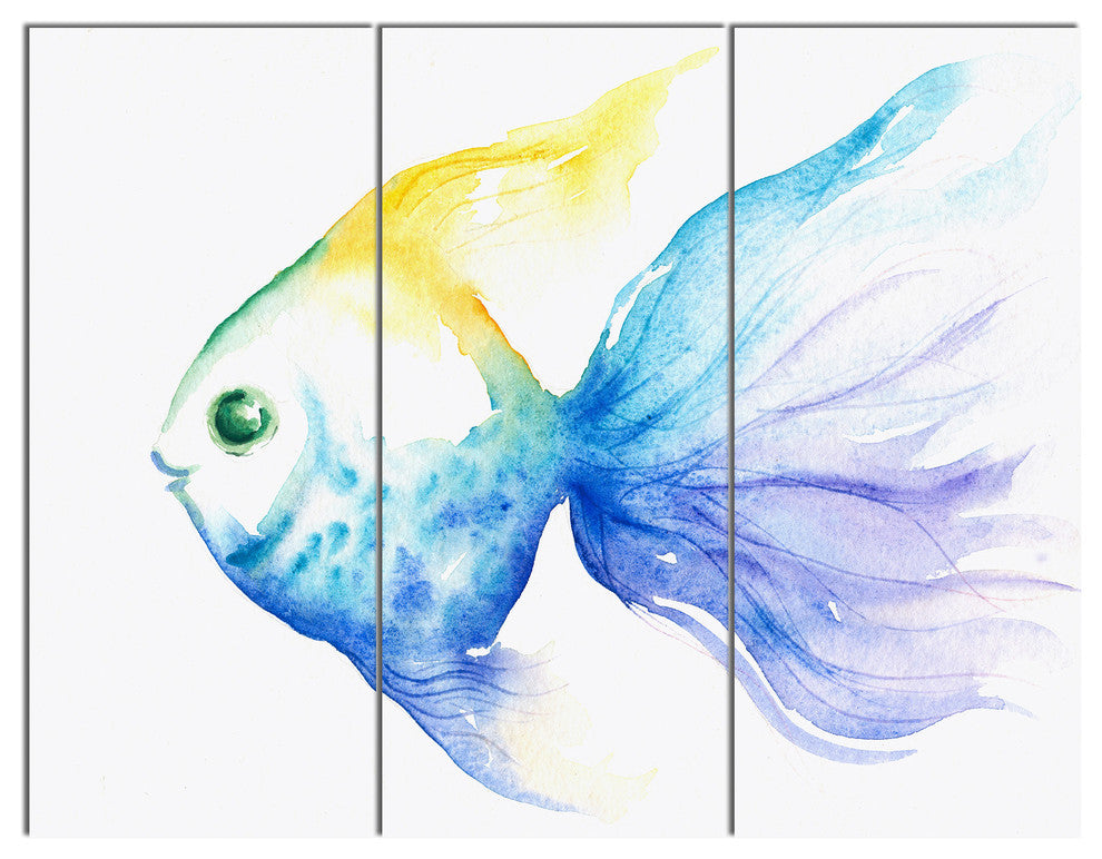 Lovely Blue Fish Watercolor, Abstract Triptych Canvas Art Print, 36x28, 3 Panels