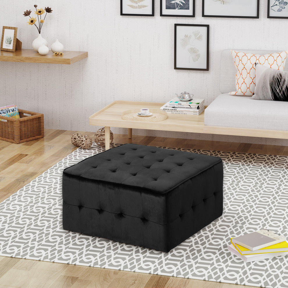 GDF Studio Justin Glam Tufted Velvet Ottoman, Black