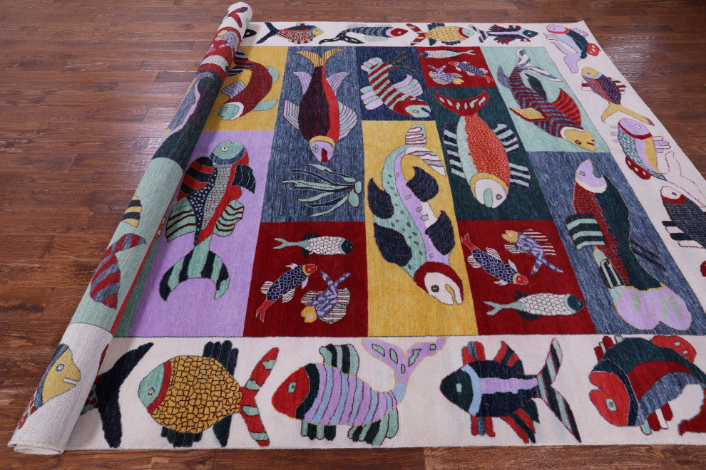 8' 11" X 12' 3" Gabbeh Fish Design Hand Knotted Wool Rug - Q13525