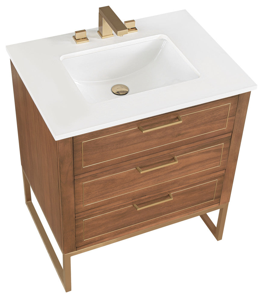 Markham 30" Single Bathroom Vanity Set, Walnut/Satin Brass, Quartz Countertop
