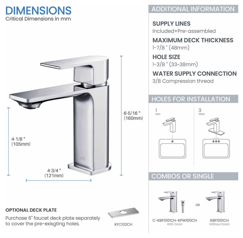 KIBI Mirage Single Handle Bathroom Faucet, Chrome, With Drain