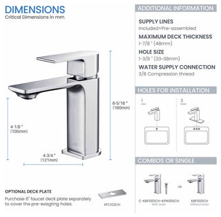 KIBI Mirage Single Handle Bathroom Faucet, Chrome, with Drain