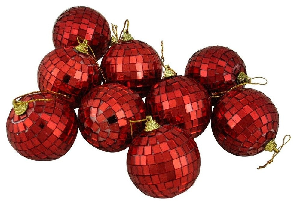 Mirrored Glass Disco Ball Christmas Ornaments, Set of 9, Red