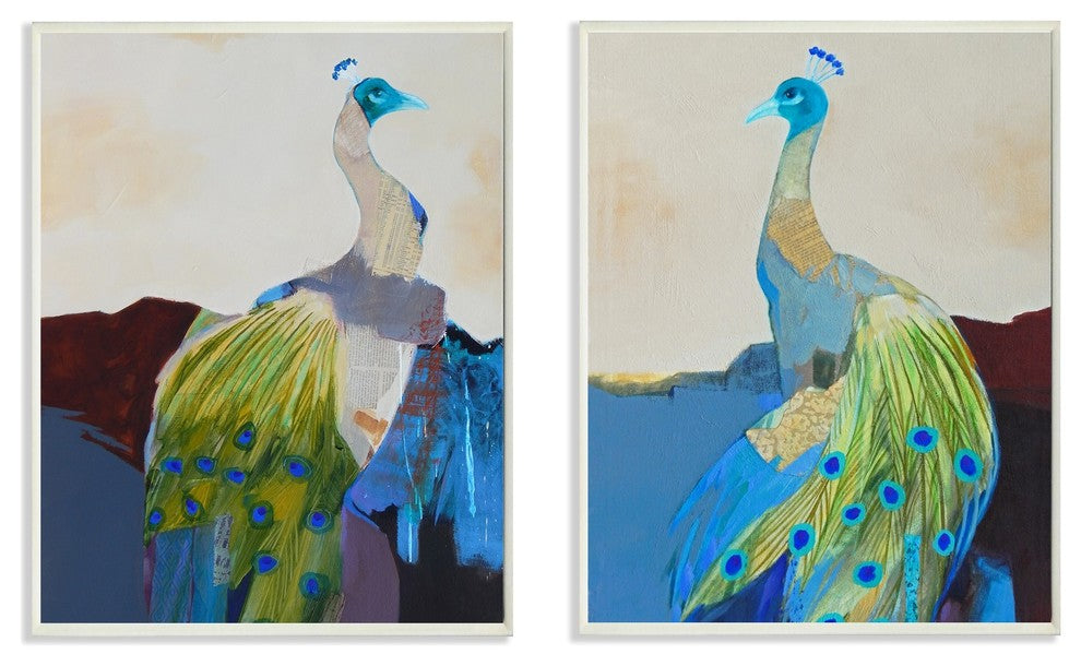 Colorblock Peacock Painting Collage 2-Piece Wall Plaque Art Set, 10"x15"