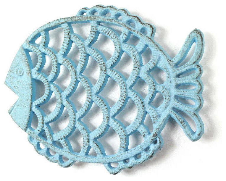 Rustic Light Blue Cast Iron Big Fish Trivet 8"