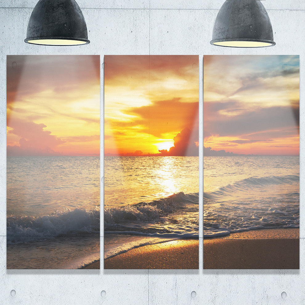 "Colorful Dramatic Sunset Over Waves" Beach Metal Wall Art, 3 Panels, 36"x28"