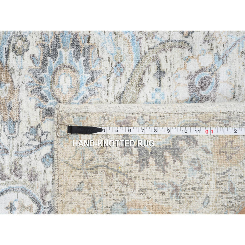 Ivory Silk With Wool Hand Knotted Sickle Leaf Design XL Runner Rug, 2'6"x18'1"