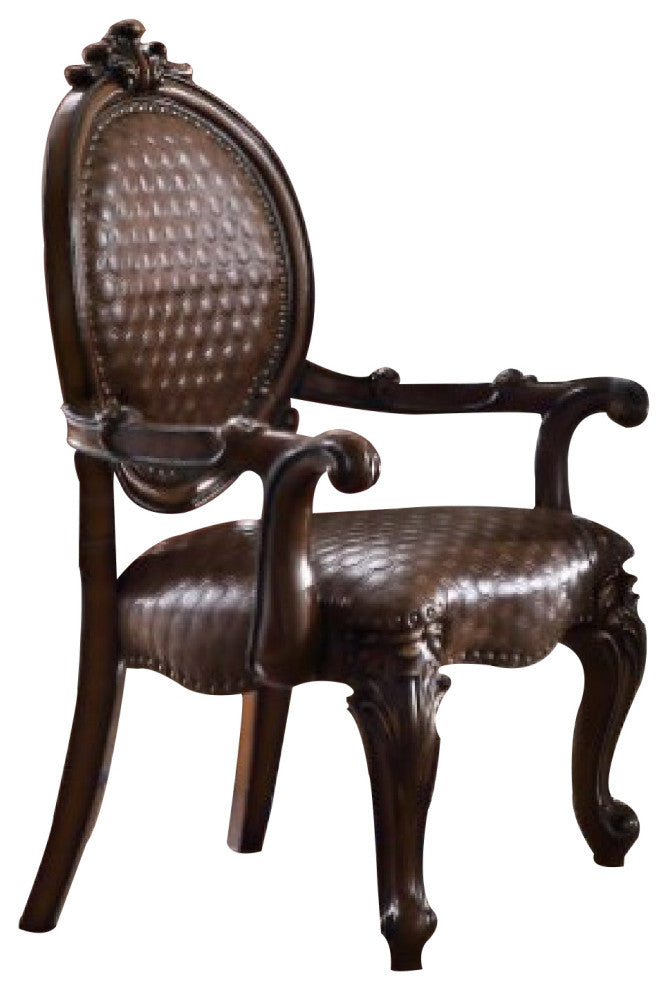 Benzara BM276283 Solid Wood Carved Armchair, Rolled Arms, Vegan Leather, Cherry