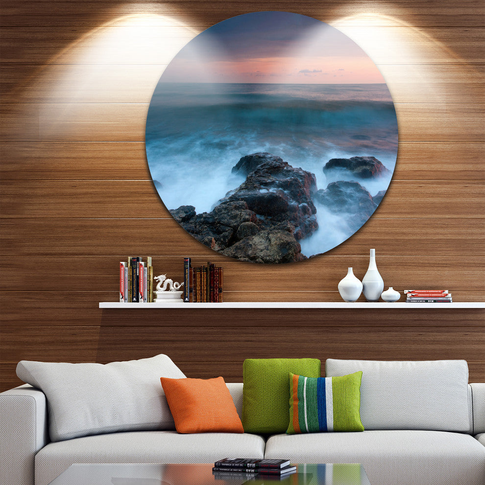 Rocky Beach And White Waves, Seashore Large Disc Metal Wall Art, 23"
