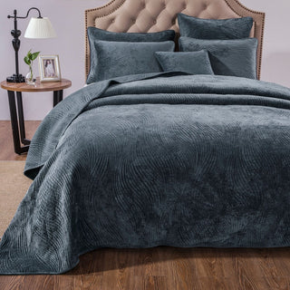 Navy Blue Velvet Plush Waves Bedspread Set, Cal King