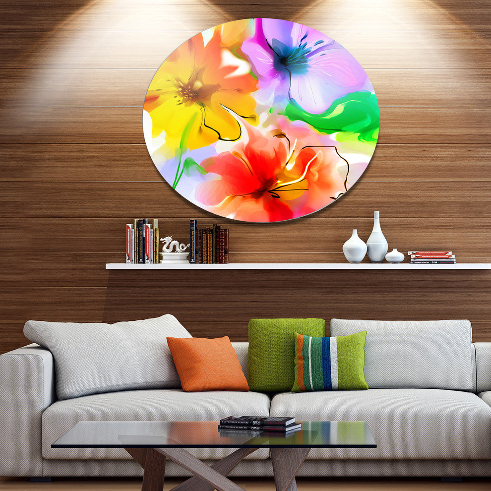 Bunch Of Colorful Flowers Sketch, Floral Large Disc Metal Wall Art, 23"