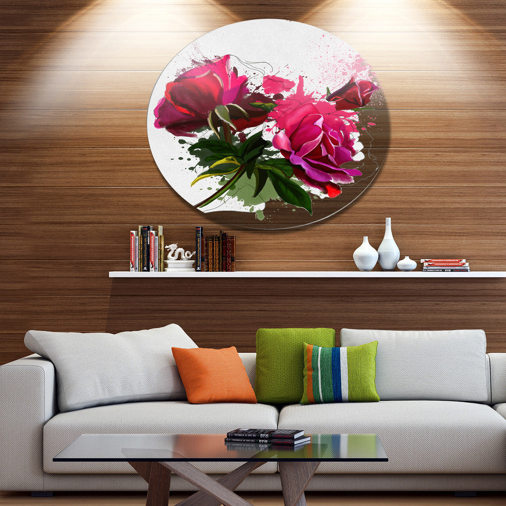 Red Peonies Sketch Watercolor, Modern Floral Round Wall Art, 11"