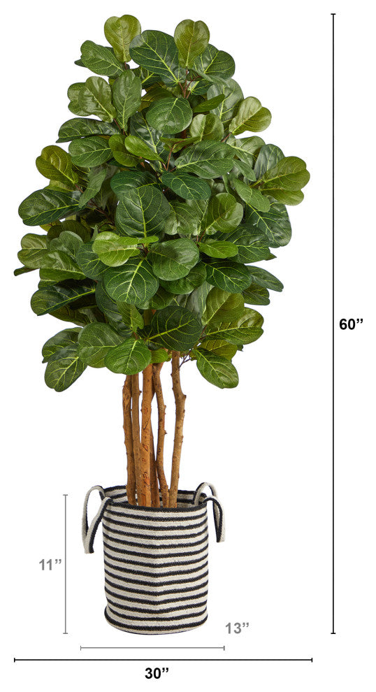 5' Fiddle Leaf Fig Faux Tree, Handmade Black & White, Jute & Cotton Planter