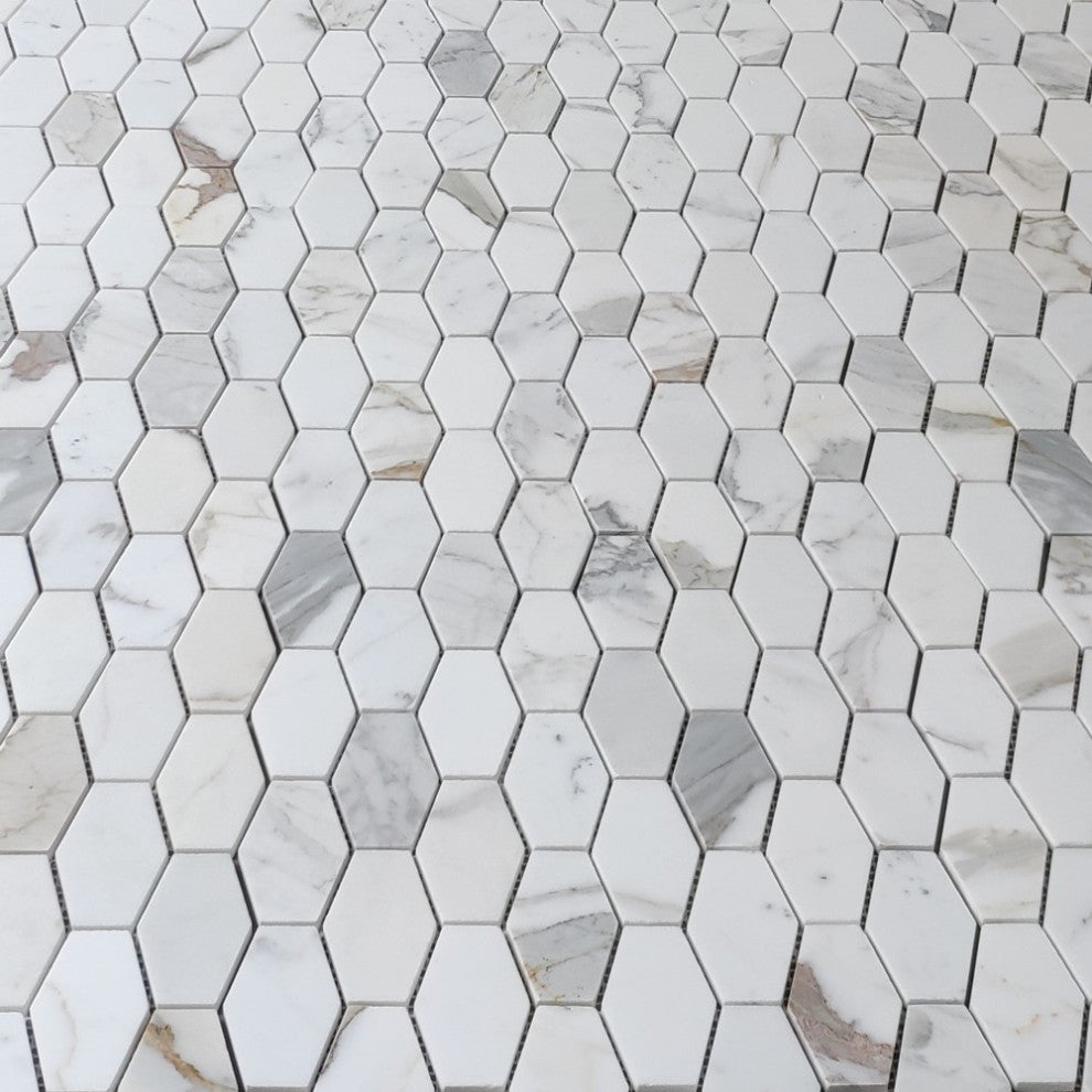 Calacatta Gold Marble 1-1/4x3 Elongated Hexagon Mosaic Tile Honed, 1 sheet