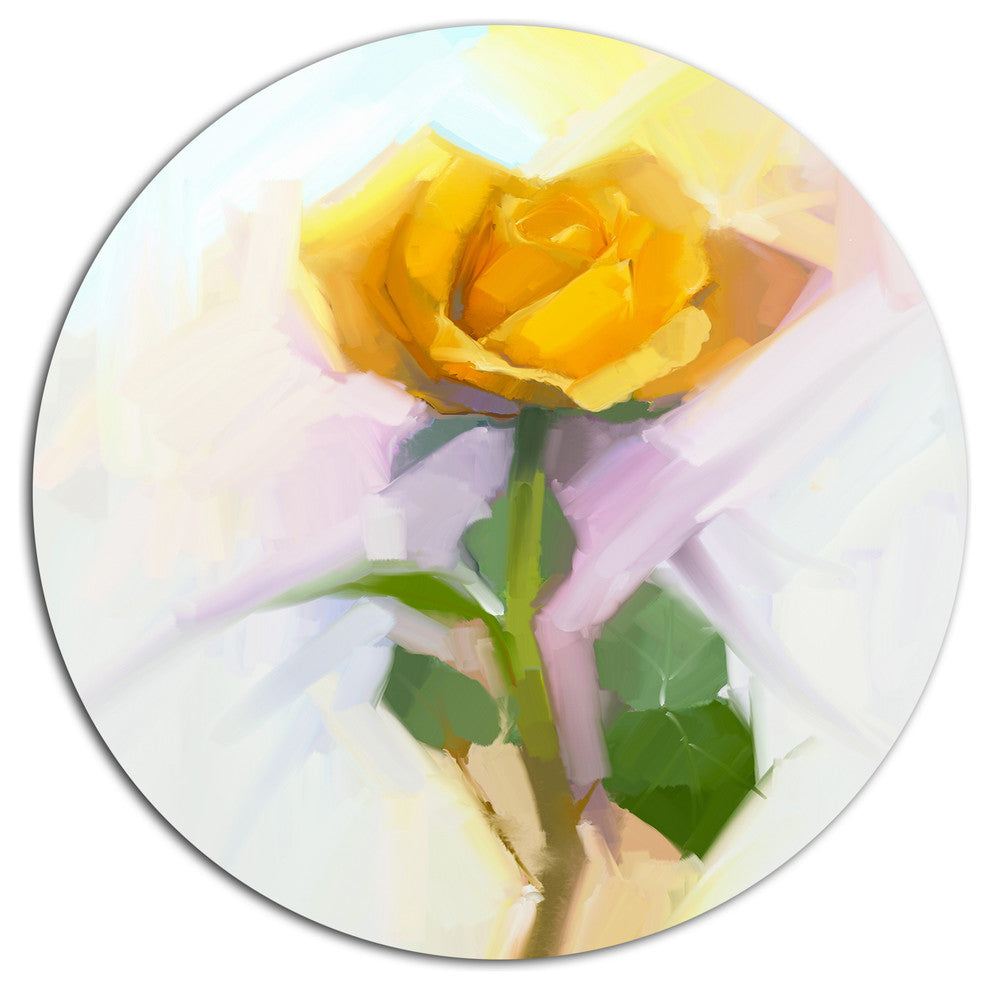 Rose With Green Leaves Painting, Floral Disc Metal Artwork, 11"