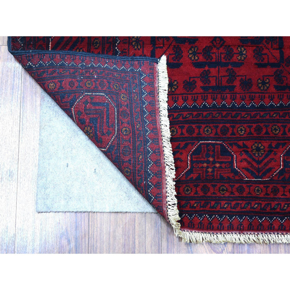 Deep and Saturated Red, Afghan Khamyab Shiny Wool Hand Knotted Rug, 4'4"x6'3"