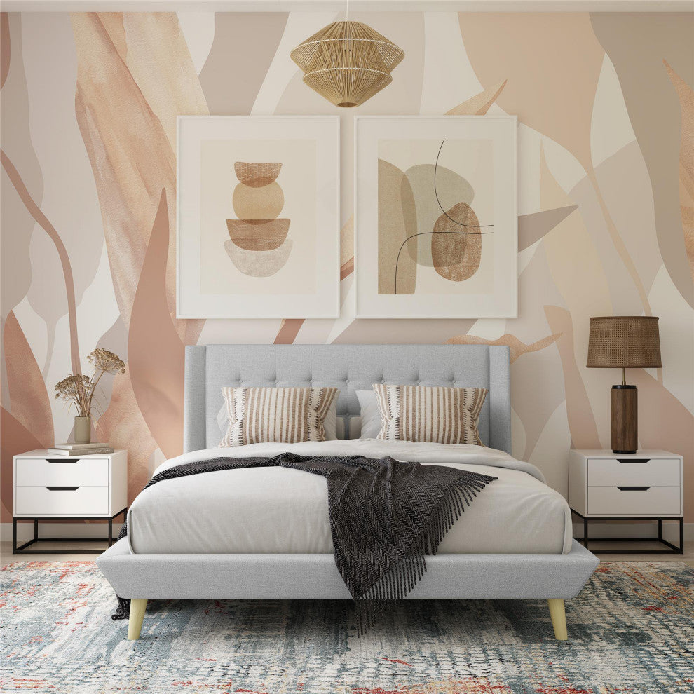 Unique Platform Frame, Wing Headboard With Button Tufting, Light Gray, Queen