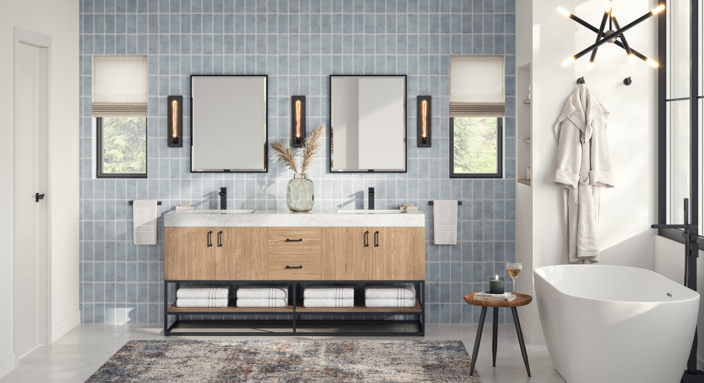 Bahia Bath Vanity, Oak, 72", Matte Black Hardware, Double, Freestanding